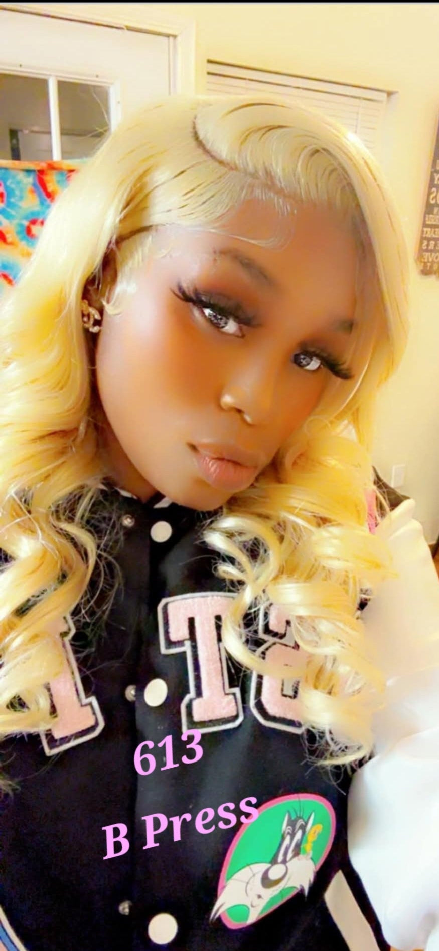 613 blonde body wave frontal wig on customer